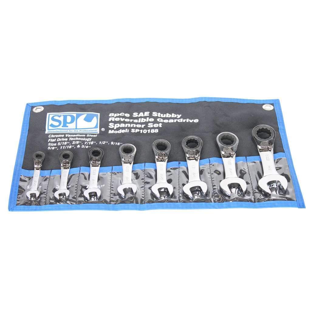 8PC SAE QUAD DRIVE STUBBY REVERSIBLE GEAR DRIVE WRENCH SET - 15° OFFSET