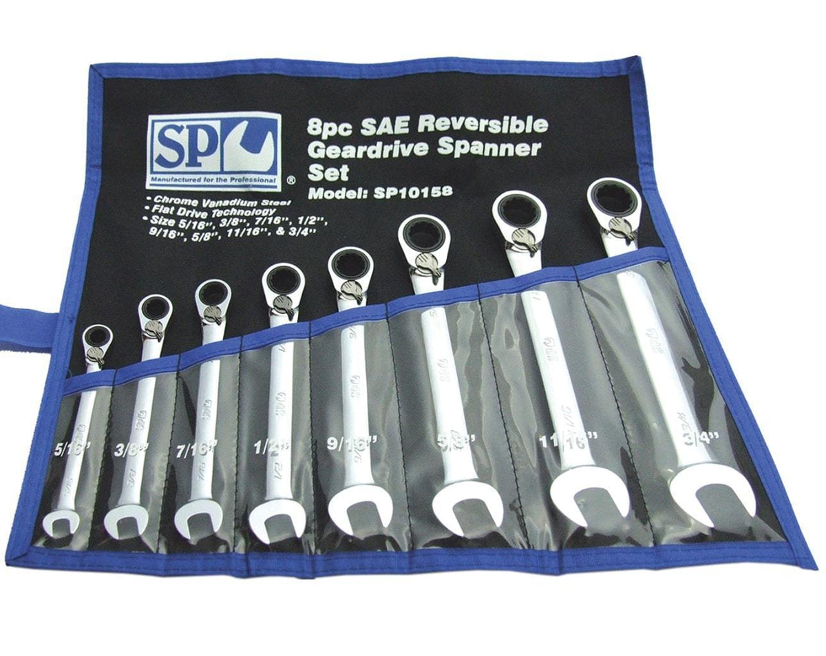 8PC SAE QUAD DRIVE REVERSIBLE GEAR DRIVE WRENCH SET - 15° OFFSET