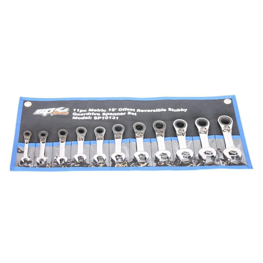 11PC METRIC QUAD DRIVE STUBBY REVERSIBLE GEAR DRIVE WRENCH SET - 15° OFFSET