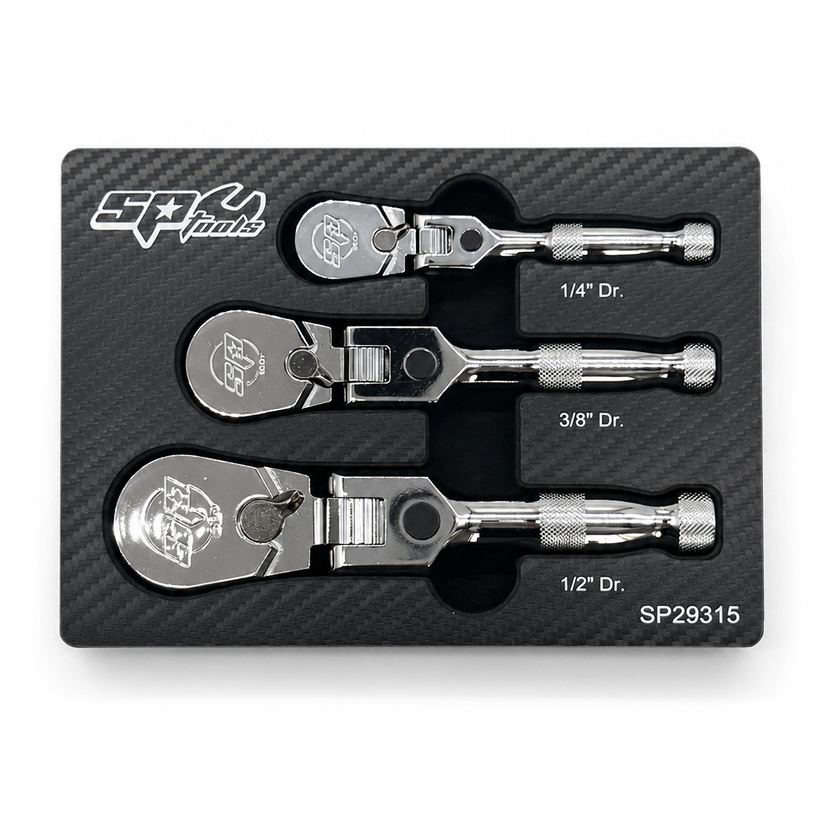 SP29315, stubby flex head ratchet set, stubby ratchet set, 90 tooth ratchet, 1/4 drive ratchet, 3/8 drive ratchet, 1/2 drive ratchet, compact ratchet, tight access ratchet, automotive ratchet set, mechanic ratchet set, SP Tools ratchet