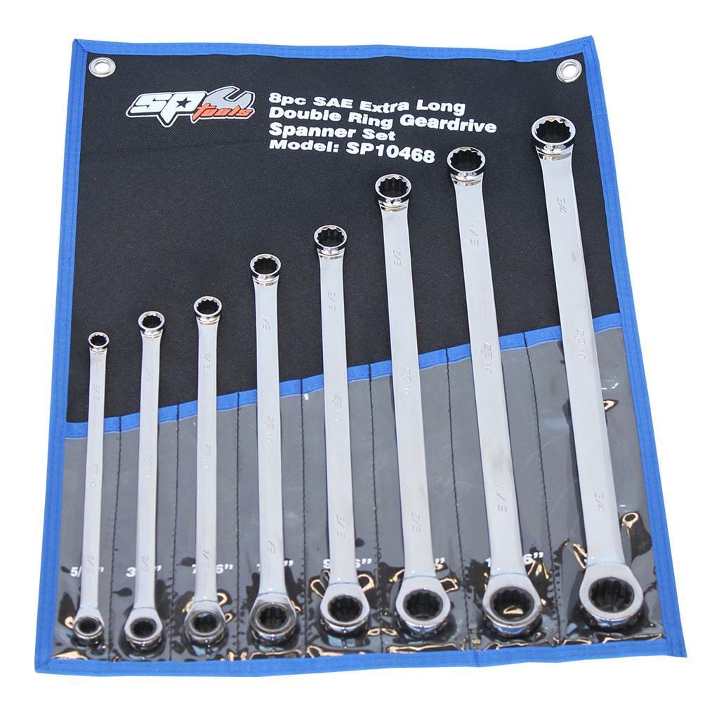 8PC SAE EXTRA-LONG FLAT DRIVE° GEAR DRIVE DOUBLE BOX WRENCH SET - 0° OFFSET