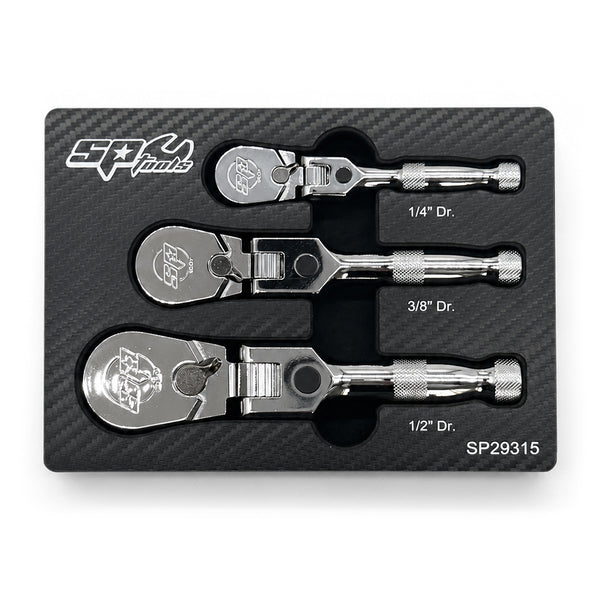 SP29315, stubby flex head ratchet set, stubby ratchet set, 90 tooth ratchet, 1/4 drive ratchet, 3/8 drive ratchet, 1/2 drive ratchet, compact ratchet, tight access ratchet, automotive ratchet set, mechanic ratchet set, SP Tools ratchet