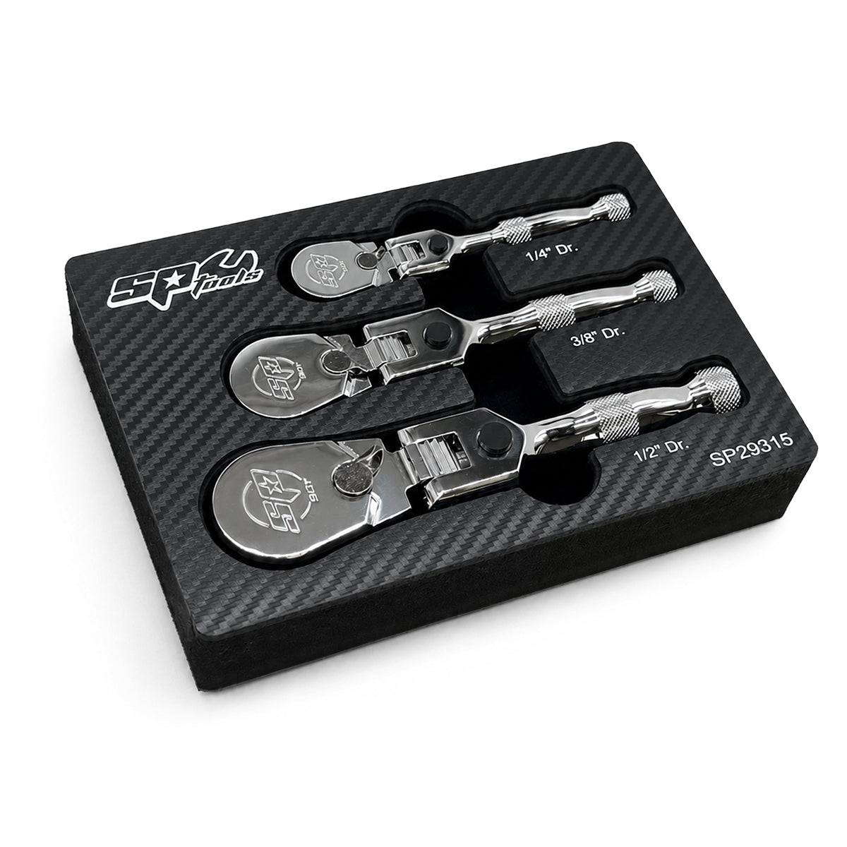 3PC 1/4”, 3/8”, & 1/2”DR STUBBY FLEX HEAD RATCHET SET - SP29315