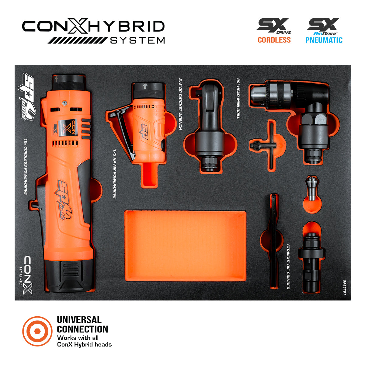 ConX Hybrid System cordless and pneumatic impact wrenches and accessories displayed in a black foam organizer tray on a white background. The set includes an orange and black cordless impact wrench, a pneumatic impact wrench, multiple bit sets, a wrench adapter, a chisel, and a rectangular orange accessory block.