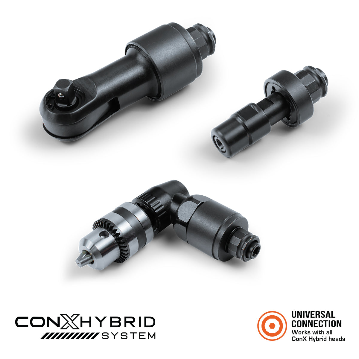 Three black ConX Hybrid system adapter components displayed on a clean white background, with the ConX Hybrid System logo at the bottom left and a Universal Connection badge at the bottom right.