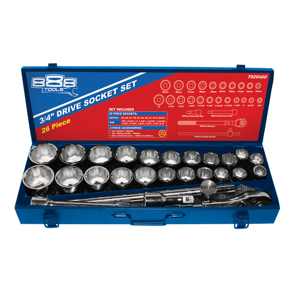 26PC 3/4”DR SOCKET SET JUMBO SIZES METRIC/SAE - 12PT - T820400